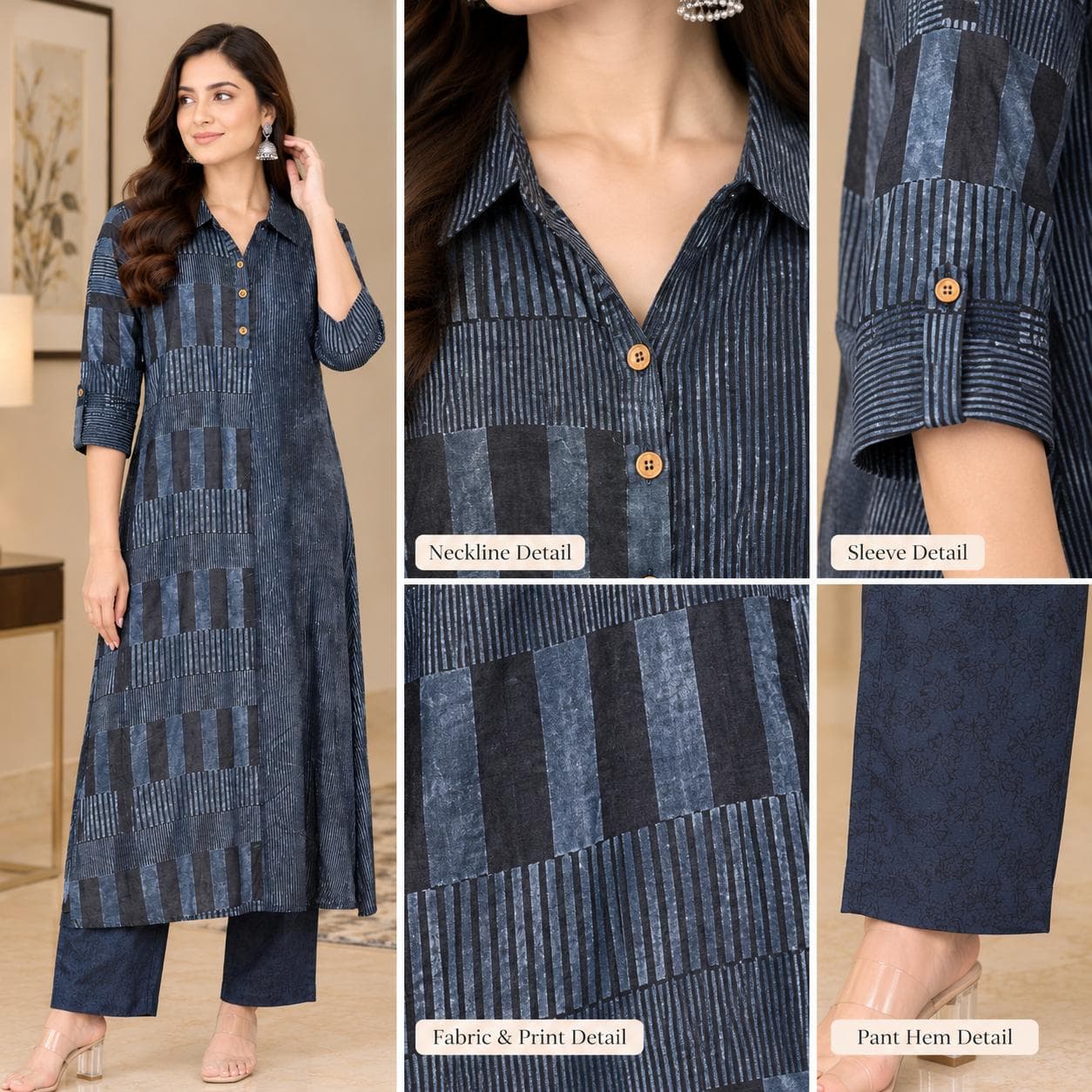 crape blue black kurta pant set