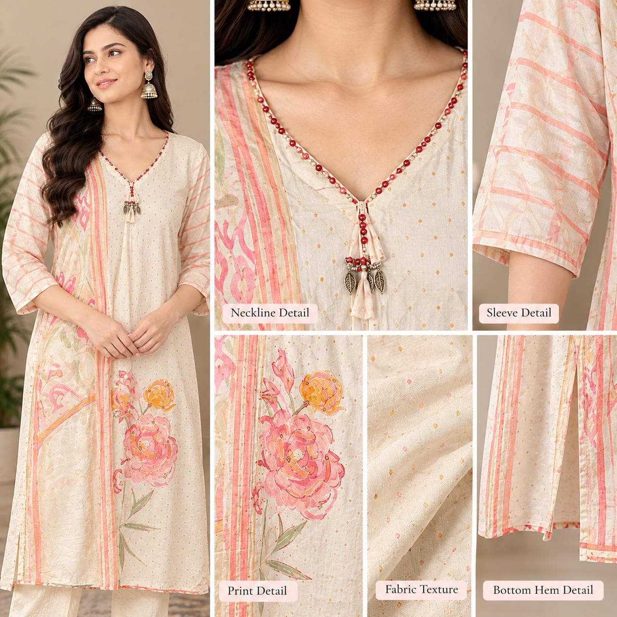 muslin digital print beige pink kurta pant set