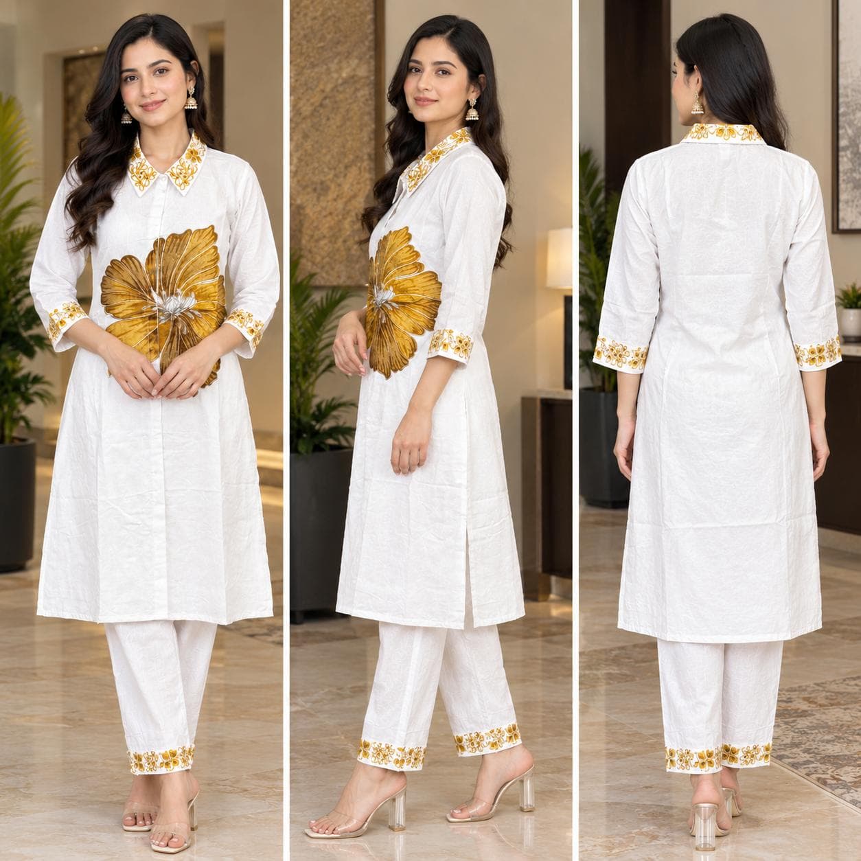 white gold flower embroidery kurta pant set